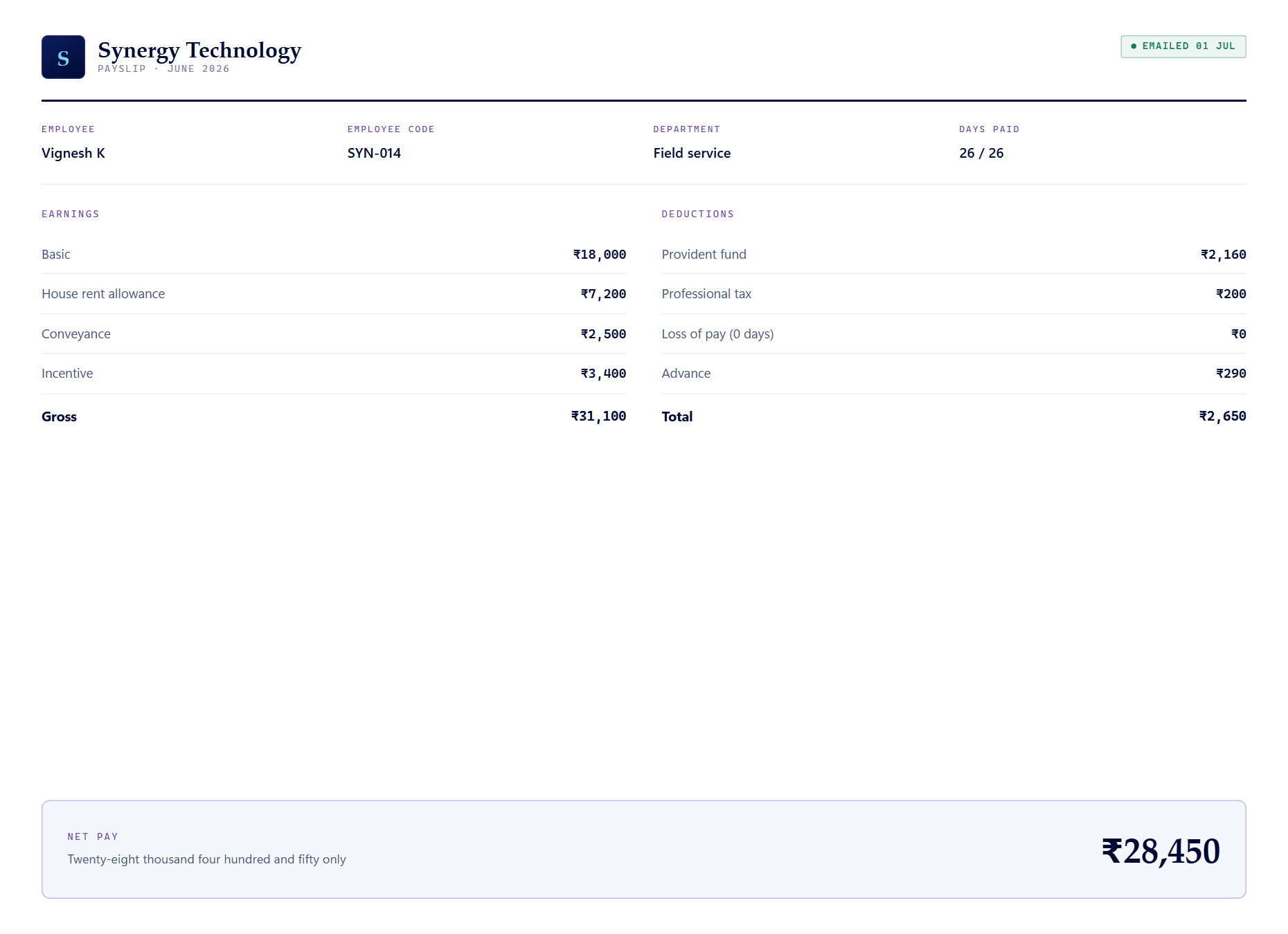 Payroll & Payslips: Attendance-prorated payslips, emailed monthly.
