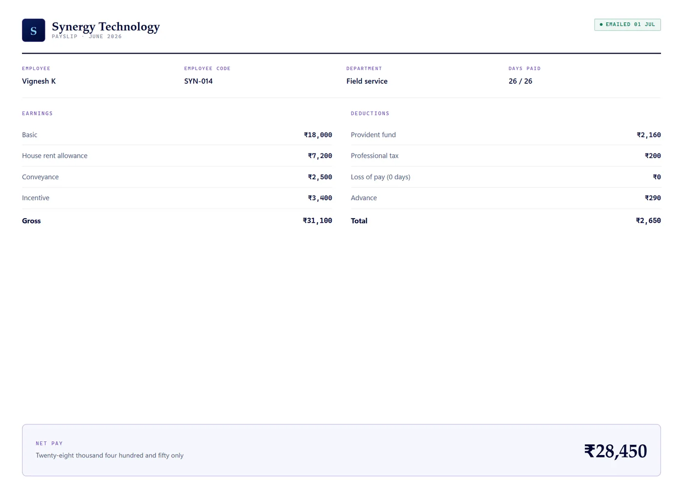 A Synergy payslip for June 2026 showing earnings, deductions, days paid and net pay.